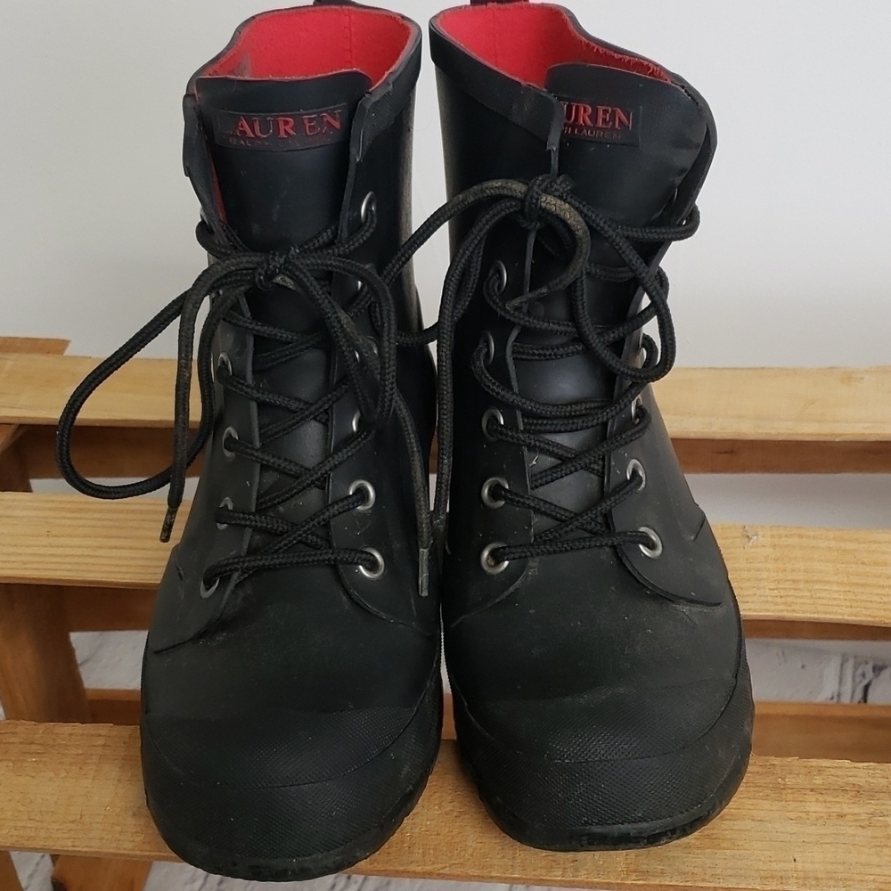 Lauren Ralph Lauren Mikenna Bo  Rain Boots Black Rubber 7B Lace Up VG… - Picture 2 of 13